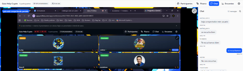 Salas de Conferencia Profileia — Interfaz Real con 4 Presentadores en Tarima, Chat en Vivo y Grabación Local $0